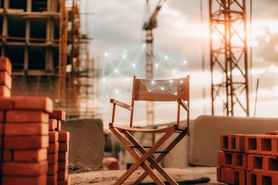 A director's chair sitting between two worlds: a physical construction site with cranes and bricks on the left, fading into glowing blue digital wireframes and holograms on the right.