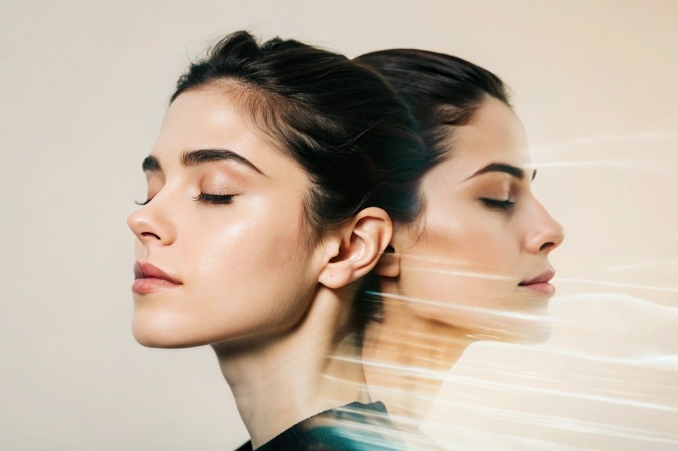 A profile portrait of a woman's face with a translucent, ethereal double-exposure copy of her face emerging from behind, symbolizing a digital soul.