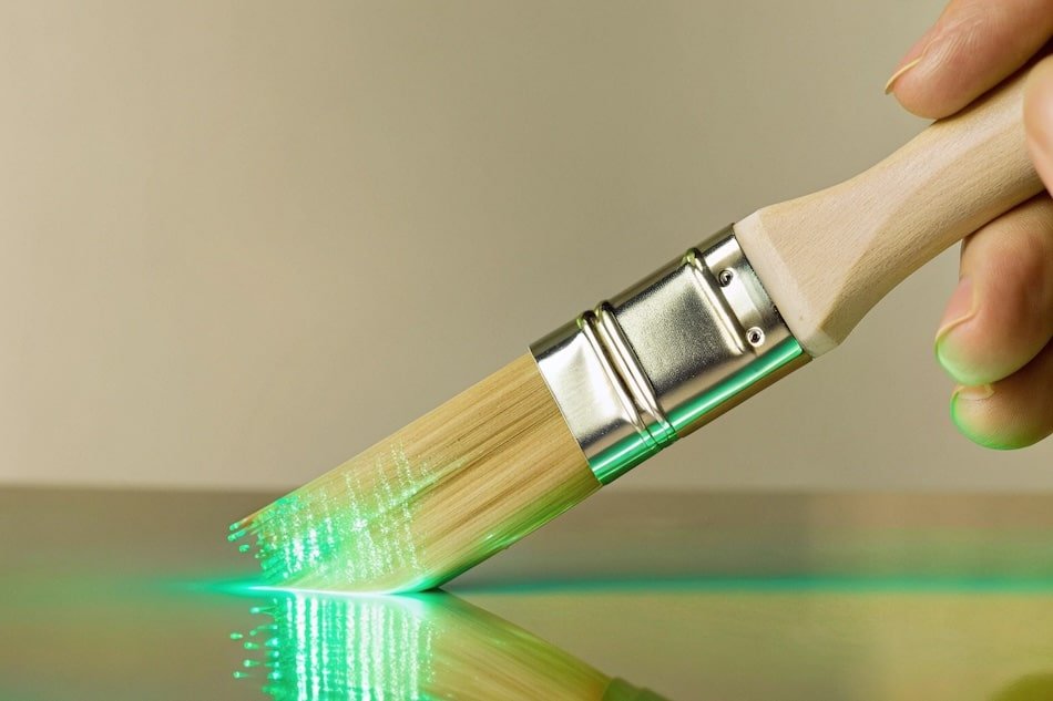 A close-up of a wooden paintbrush tip, but instead of paint, it is dripping with glowing green digital light and binary code.